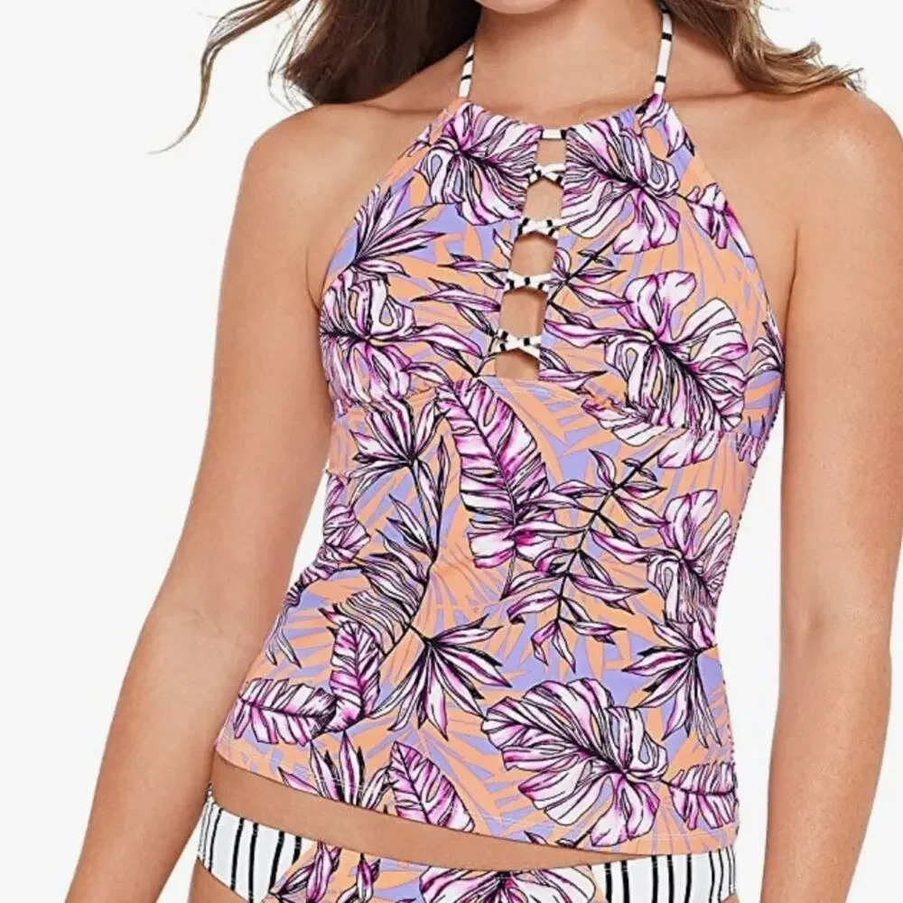 Salt+Cove High Neck Halter tankini Swim Top Med